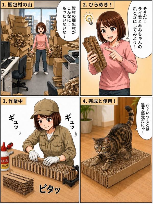 爪とぎの作り方を描いたイラスト