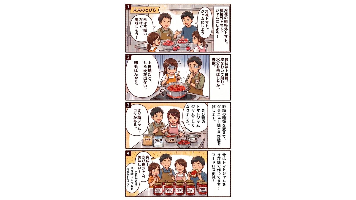 規格外トマトのジャムづくりを描いた4コマ漫画