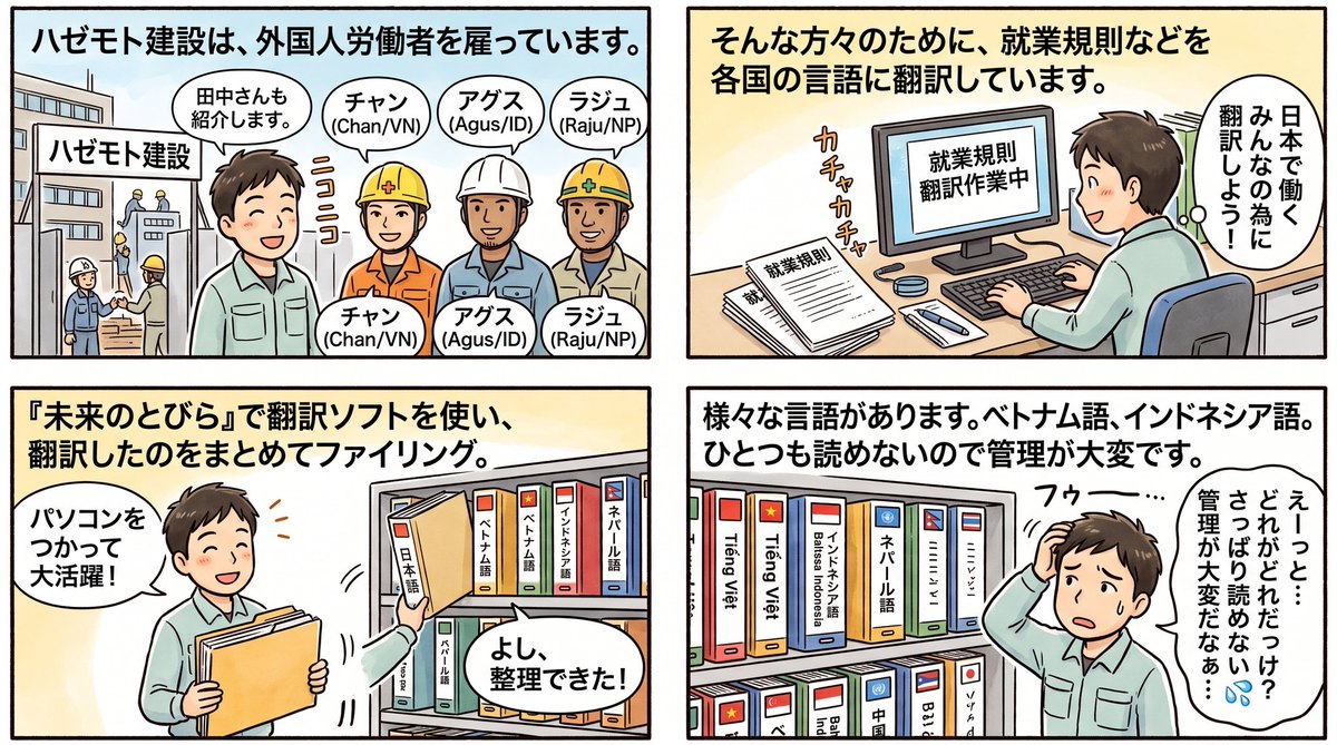 就業規則を各国の言葉に翻訳する仕事を描いた4コマ漫画